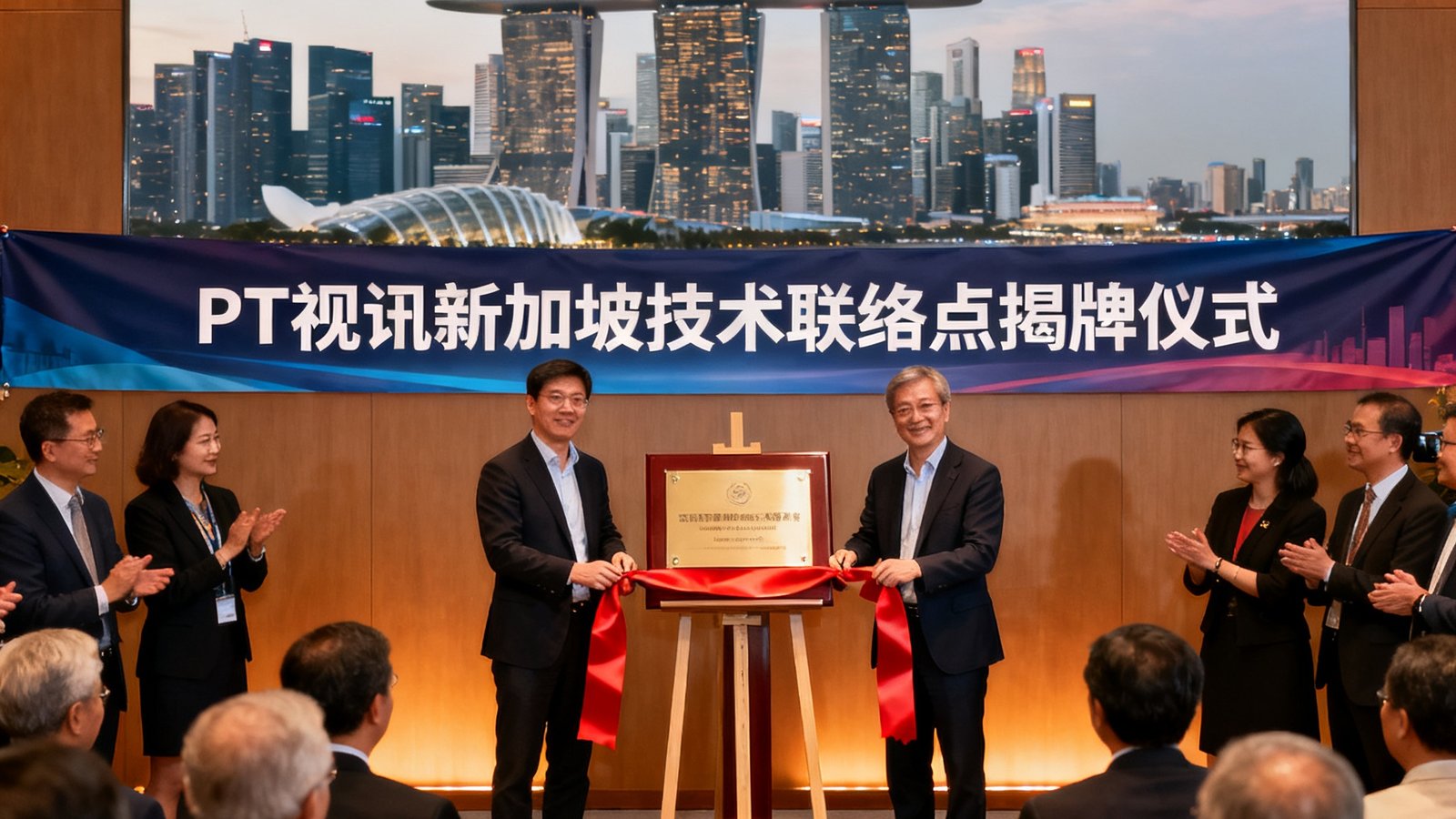 PT视讯新加坡技术联络点揭牌仪式现场照片，公司三位联合创始人共同剪彩，背后是滨海湾天际线，现场布置简洁而正式，到场嘉宾约四十余人，气氛热烈。