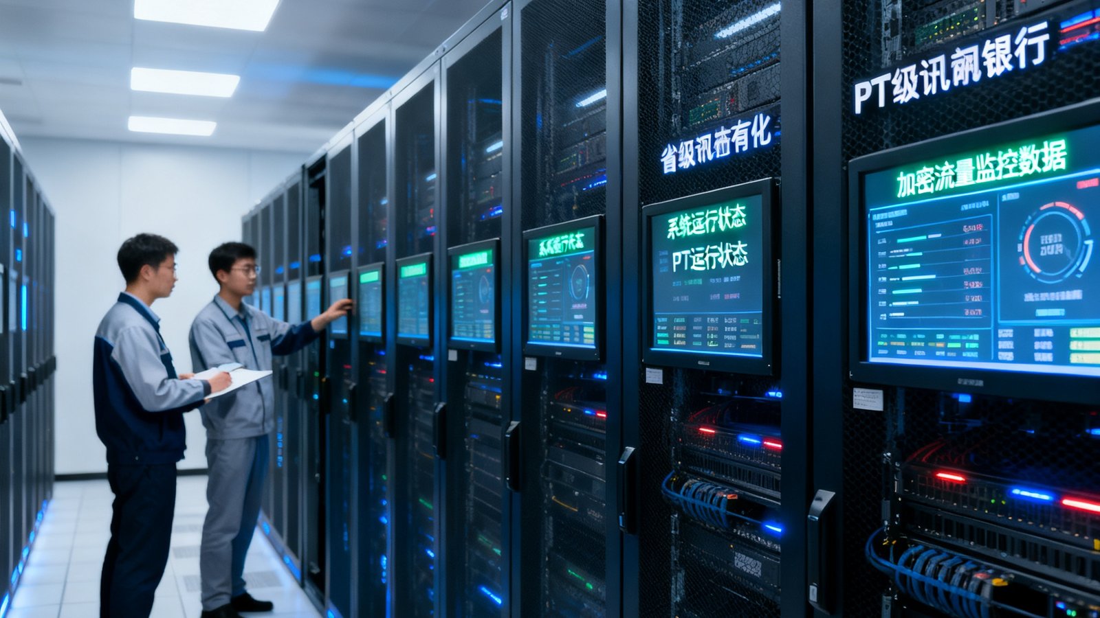 某省级商业银行数据中心内景，一排PT视讯私有化部署服务器正在运行，机柜上的LED屏幕实时显示着系统运行状态和加密流量监控数据，两名技术人员正在进行日常巡检。